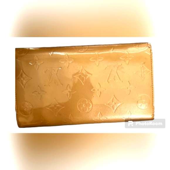 LOUIS VUITTON AUTHENTIC BRONZE GOLD VERNIS LEATHER WALLET w/ PURSE CHAIN  EUC - Picture 3 of 6